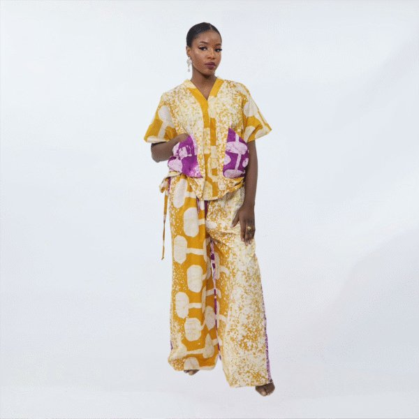 Two-piece adire set with a cropped top and flowy floor-length pants.